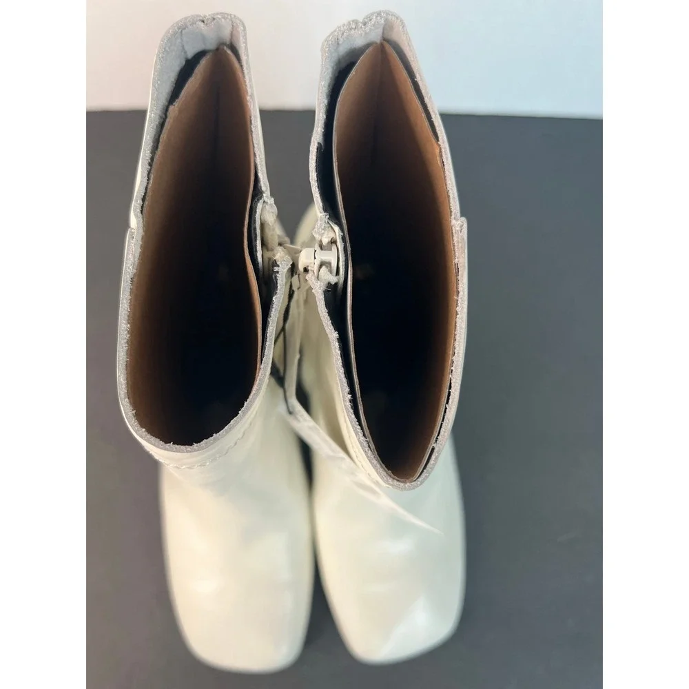NWT Zara Ivory Off White Leather Square Toe Low Heel Zip Ankle Boots Sz 9‎
